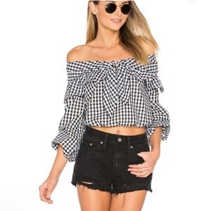 Lovers + Friends Women's Gingham Off Shoulder Rebecca Top Tie Neck Black/White S